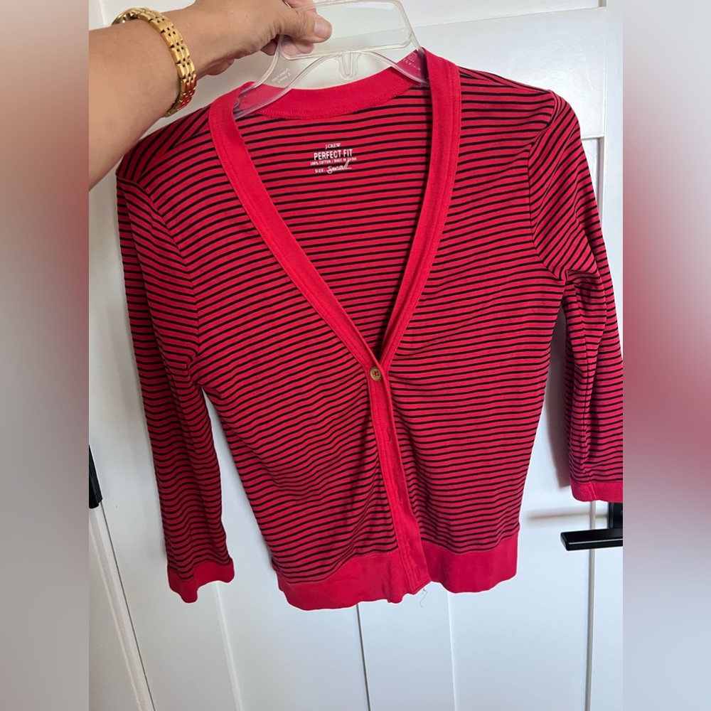 J Crew Cardigan, Red/Navy stipe, size small with gold buttons